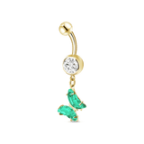 Enchanted butterfly navel piercing in gold with green crystals