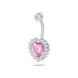 Pink heart belly button piercing in silver with white crystals