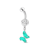 Enchanted butterfly navel piercing in silver with green crystals
