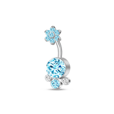 Navel piercing with clusters of blue flowers in silver