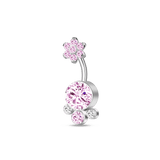 Navel piercing with clusters of pink flowers in silver