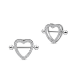 Silver heart nipple piercings with white crystals