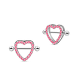 Silver heart nipple piercings with fuchsia crystals