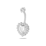 White heart belly button piercing in silver with white crystals