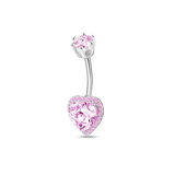 Silver heart navel piercing with pink crystals