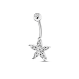 Silver belly button piercing petal with white crystals