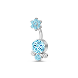 Navel piercing with clusters of blue flowers in silver