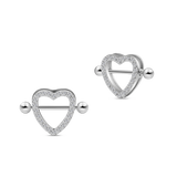 Silver heart nipple piercings with white crystals
