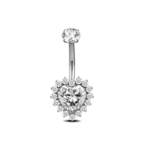 White heart belly button piercing in silver with white crystals