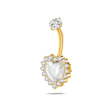 White heart belly button piercing in gold with white crystals