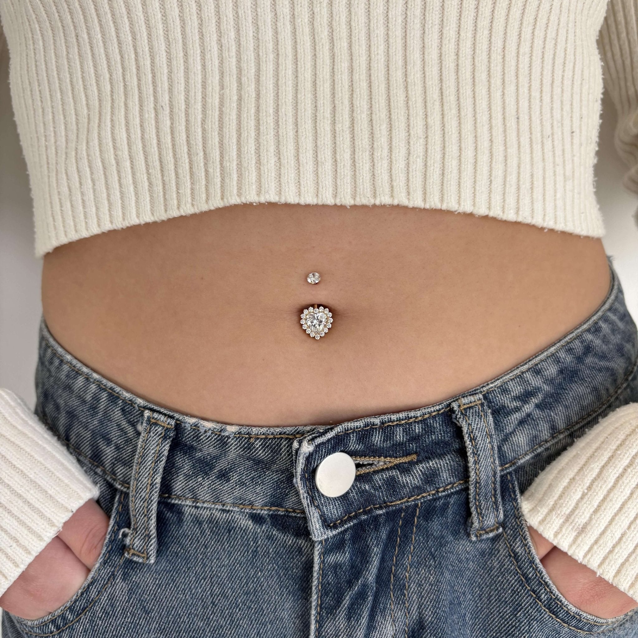 Piercing ombelico cuore bianco in oro con cristalli bianchi - NovaNavel
