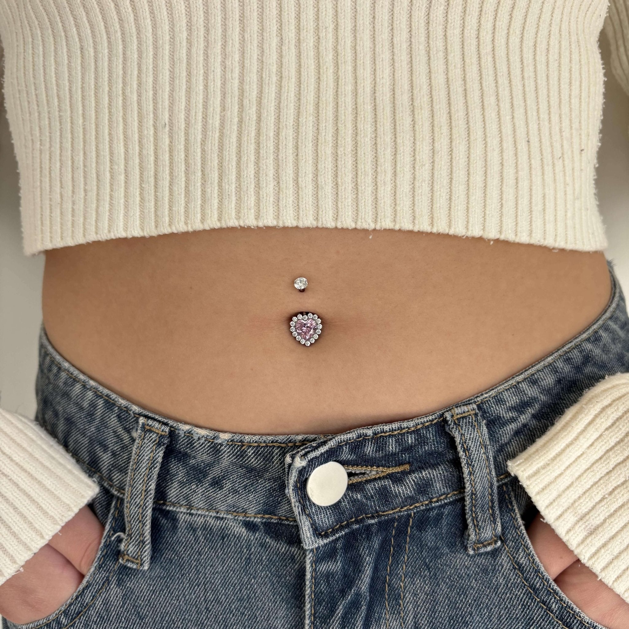 Piercing ombelico cuore rosa in argento con cristalli bianchi - NovaNavel